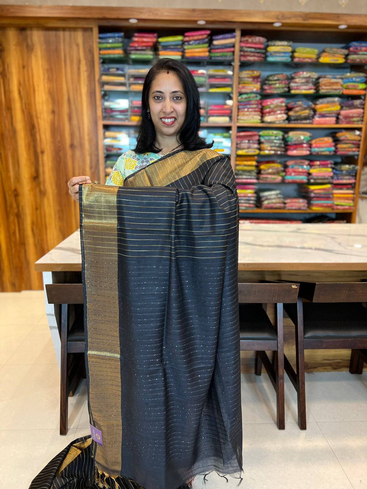 BLACK - SLUB COTTON WITH THREAD STRIPES WITH SEQUENCE PALLU