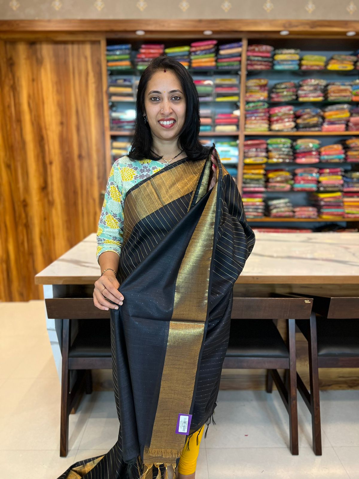 BLACK - SLUB COTTON WITH THREAD STRIPES WITH SEQUENCE PALLU