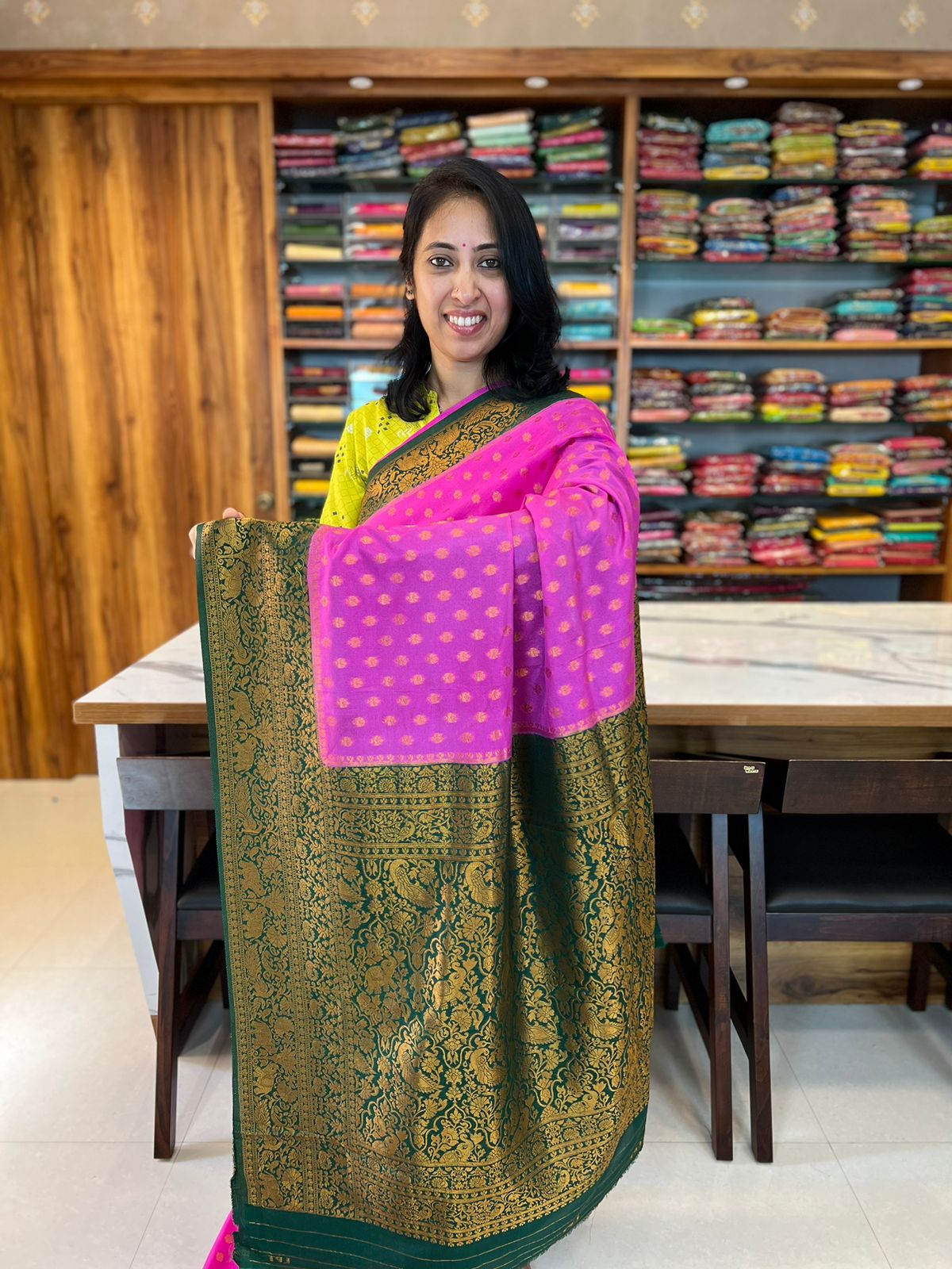 PINK WITH GREEN - SEMI CREPE GEORGETTE WITH CONTRAST BORDER