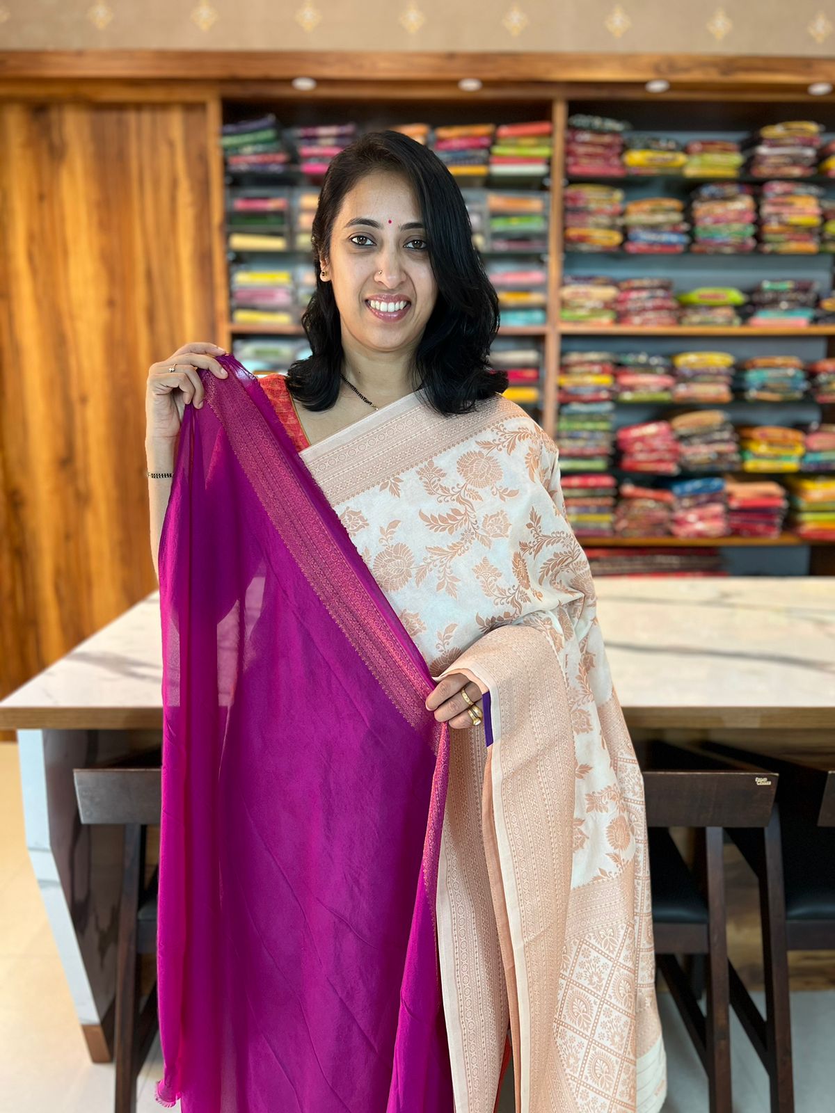 OFF WHITE WITH MAGENTA - SEMI CREPE GEORGETTE WITH CONTRAST BLOUSE