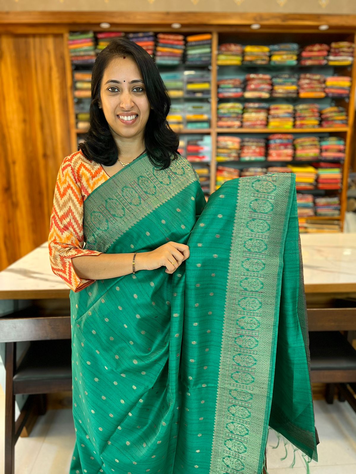 GREEN - SEMI TUSSAR SILK WITH ZARI WOVEN BUTTAS & BORDER