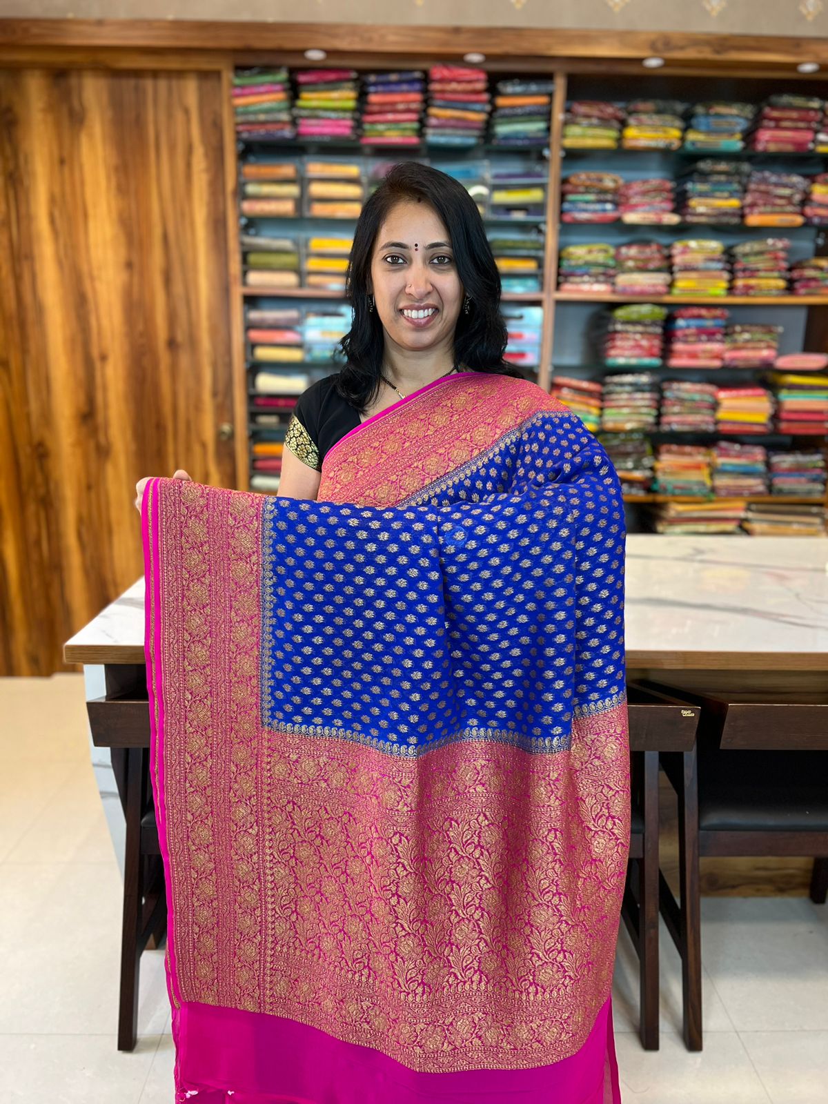 Deep Royal Blue Pure Banarasi Handloom Katan Silk Saree - Aura Benaras