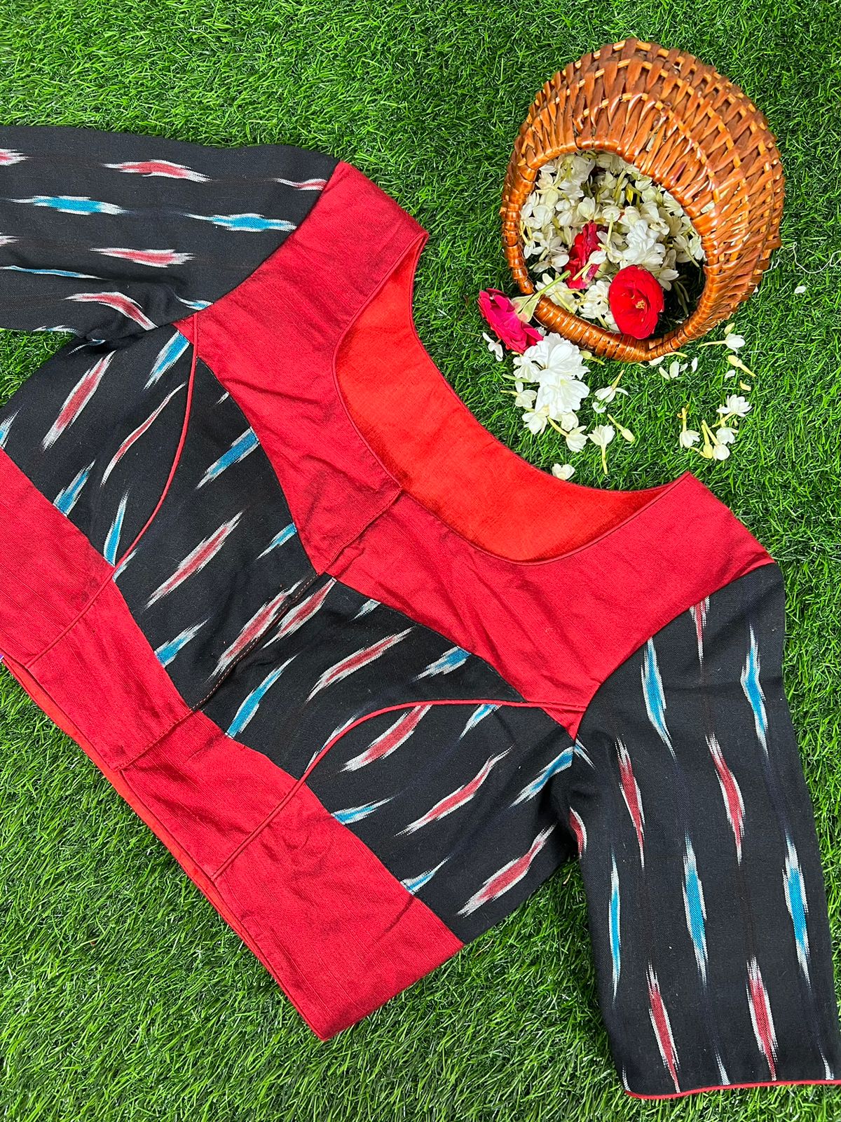 RED & BLACK - READYMADE COTTON BLOUSE WITH IKAT PRINTS