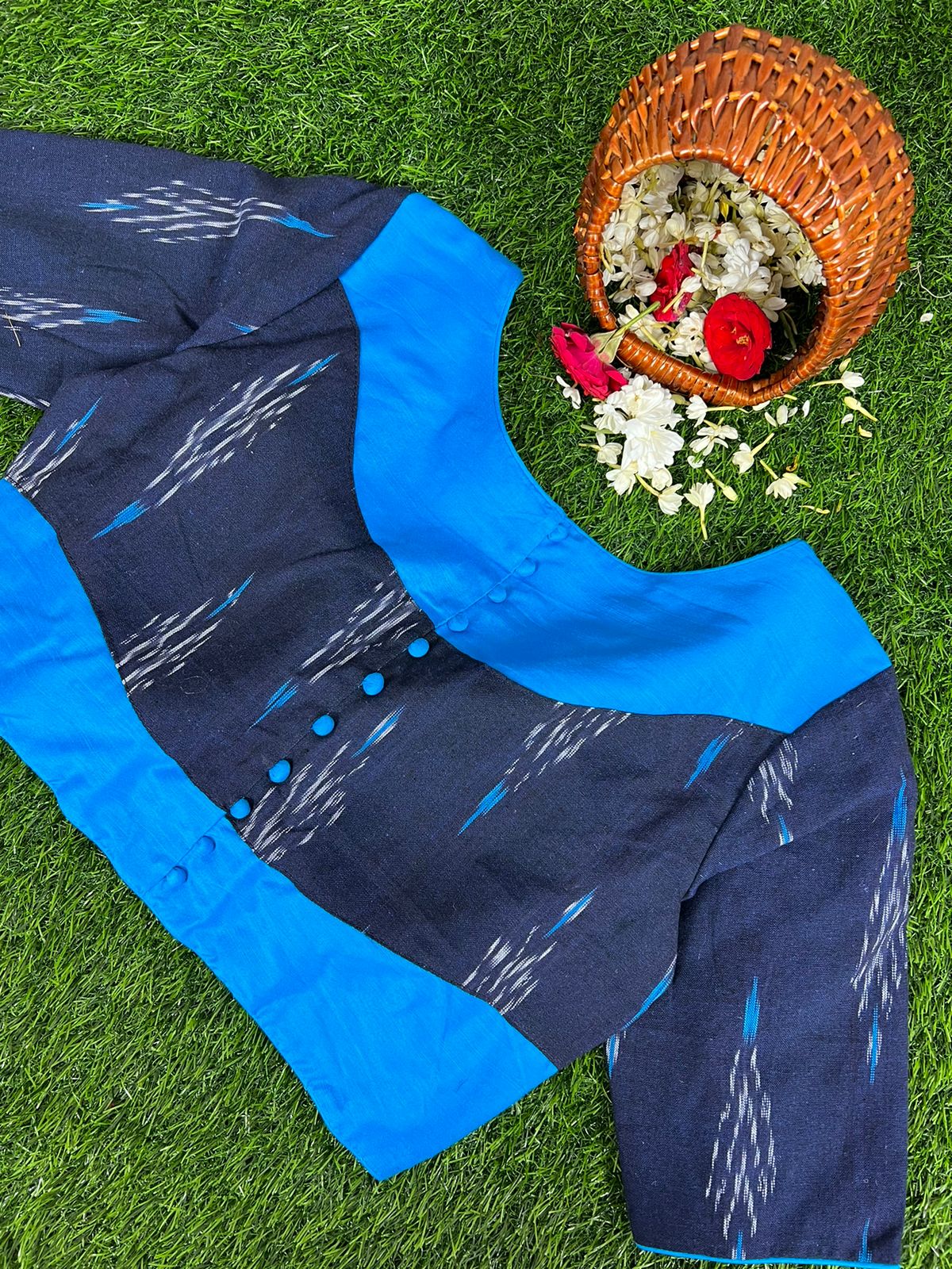 BLUE - READYMADE COTTON BLOUSE WITH IKAT PRINTS