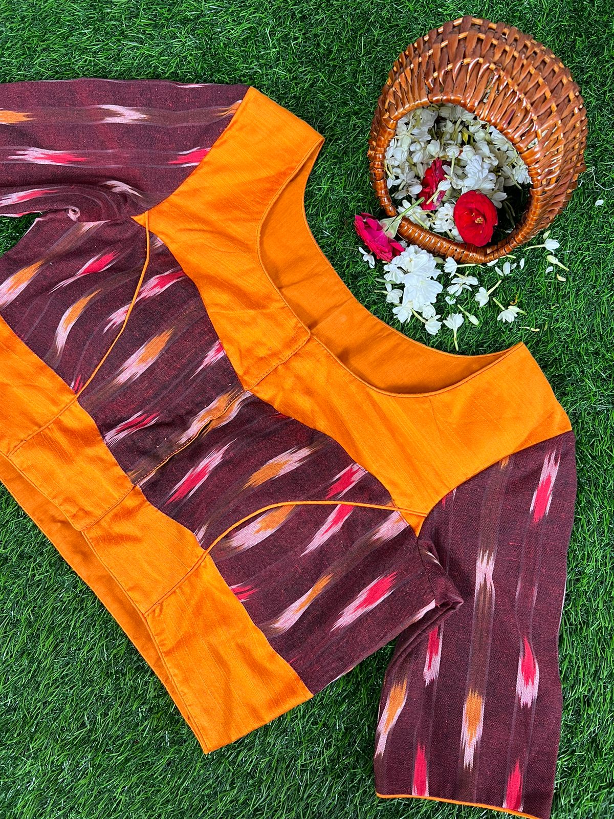 MAROON WITH ORANGE - READYMADE COTTON BLOUSE WITH IKAT PRINTS