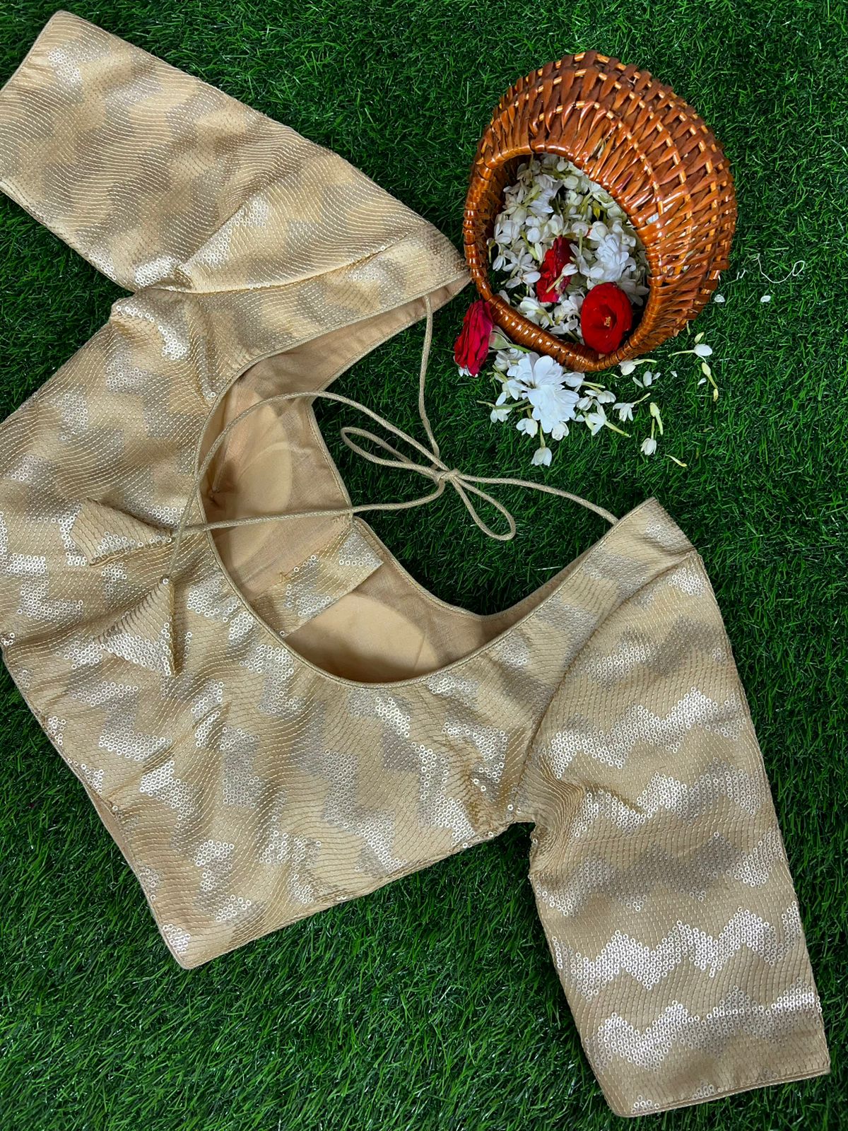 GOLD READYMADE BLOUSE IN RAW SILK WITH SEQUENCE WORK