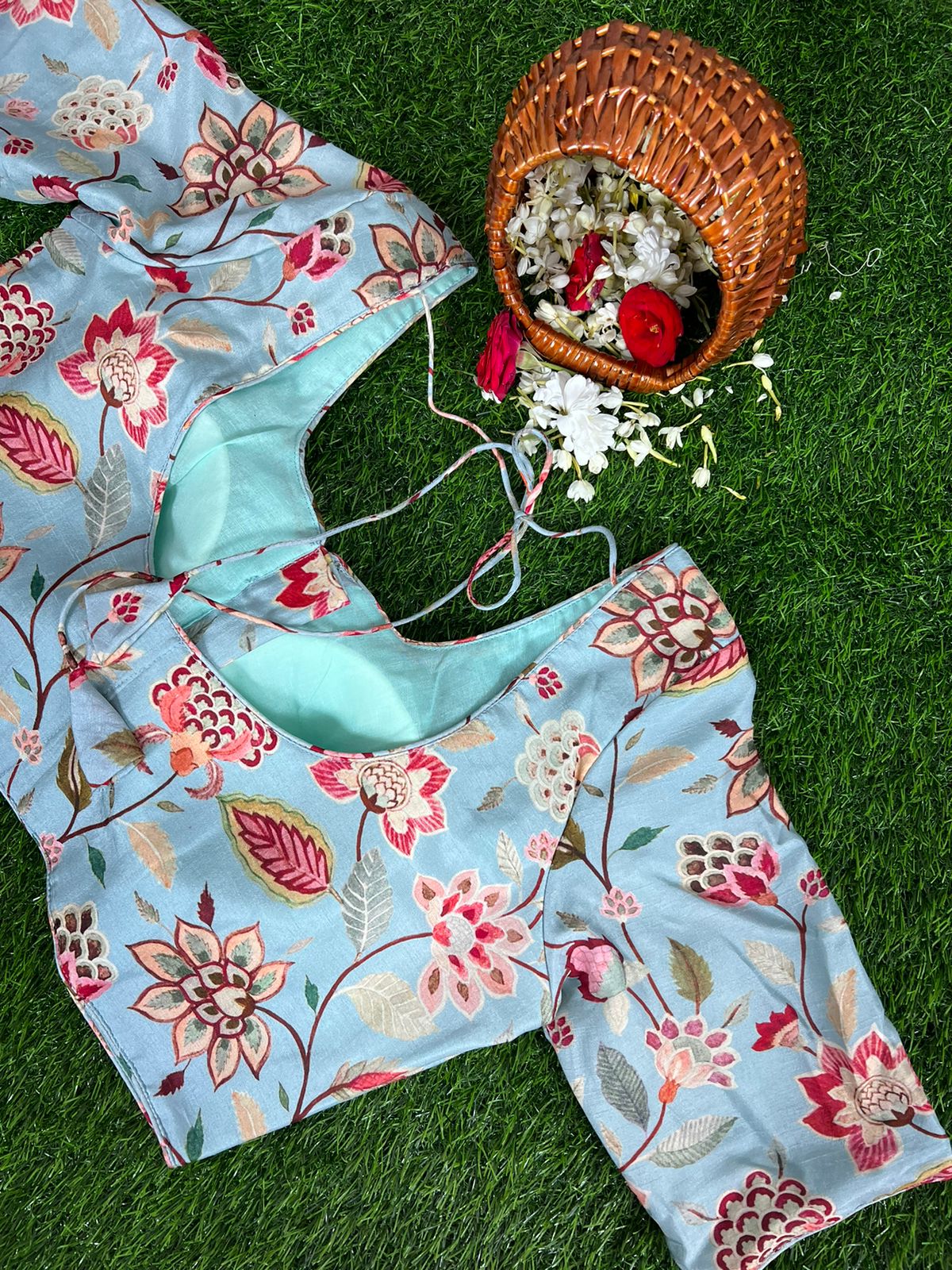 LIGHT BLUE - READYMADE FLORAL PRINTS IN DOLA SILK