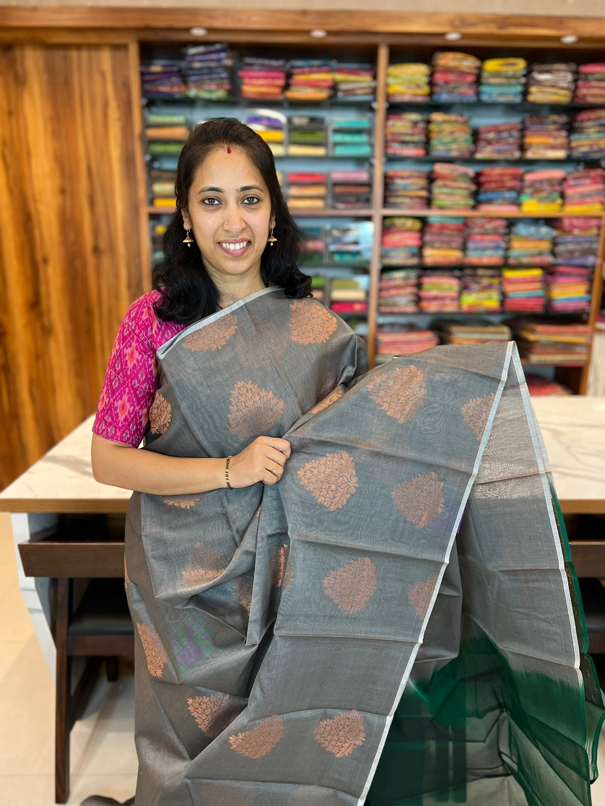 GREY WITH GREEN - SILK COTTON WITH ALLOVER BUTTA WITH CONTRAST PALLU AND BLOUSE