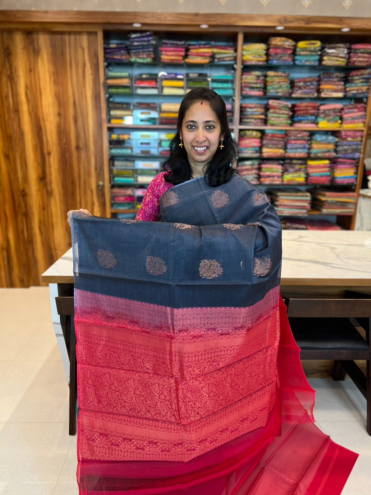 GREY WITH RED - SILK COTTON WITH ALLOVER BUTTA WITH CONTRAST PALLU AND BLOUSE