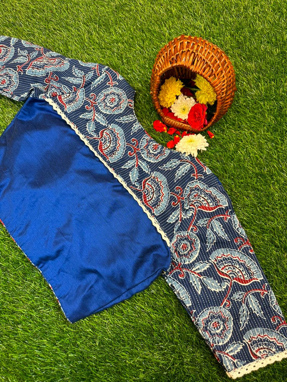 BLUE - READYMADE COTTON WITH KATHA PRINT SLEEVES & LACE WORK