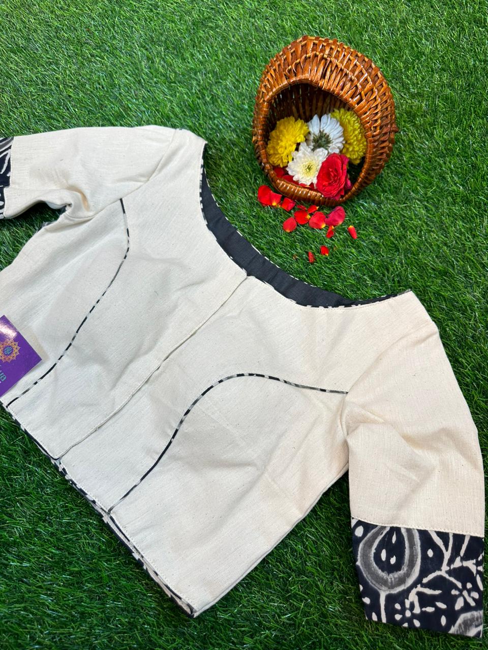 READYMADE COTTON BLOUSE WITH HAND BLOCK PATTERN AT THE BACK & SLEEVES