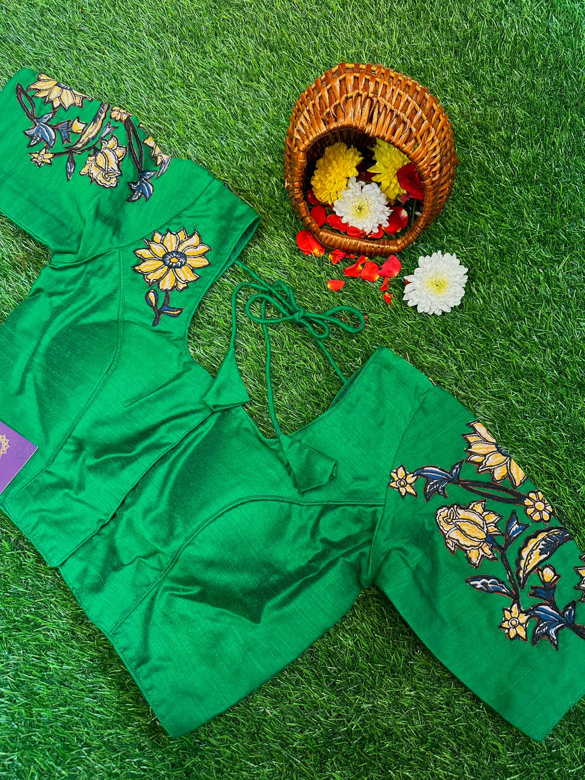 GREEN - READYMADE COTTON SILK WITH APPLIQUE WORK BLOUSE