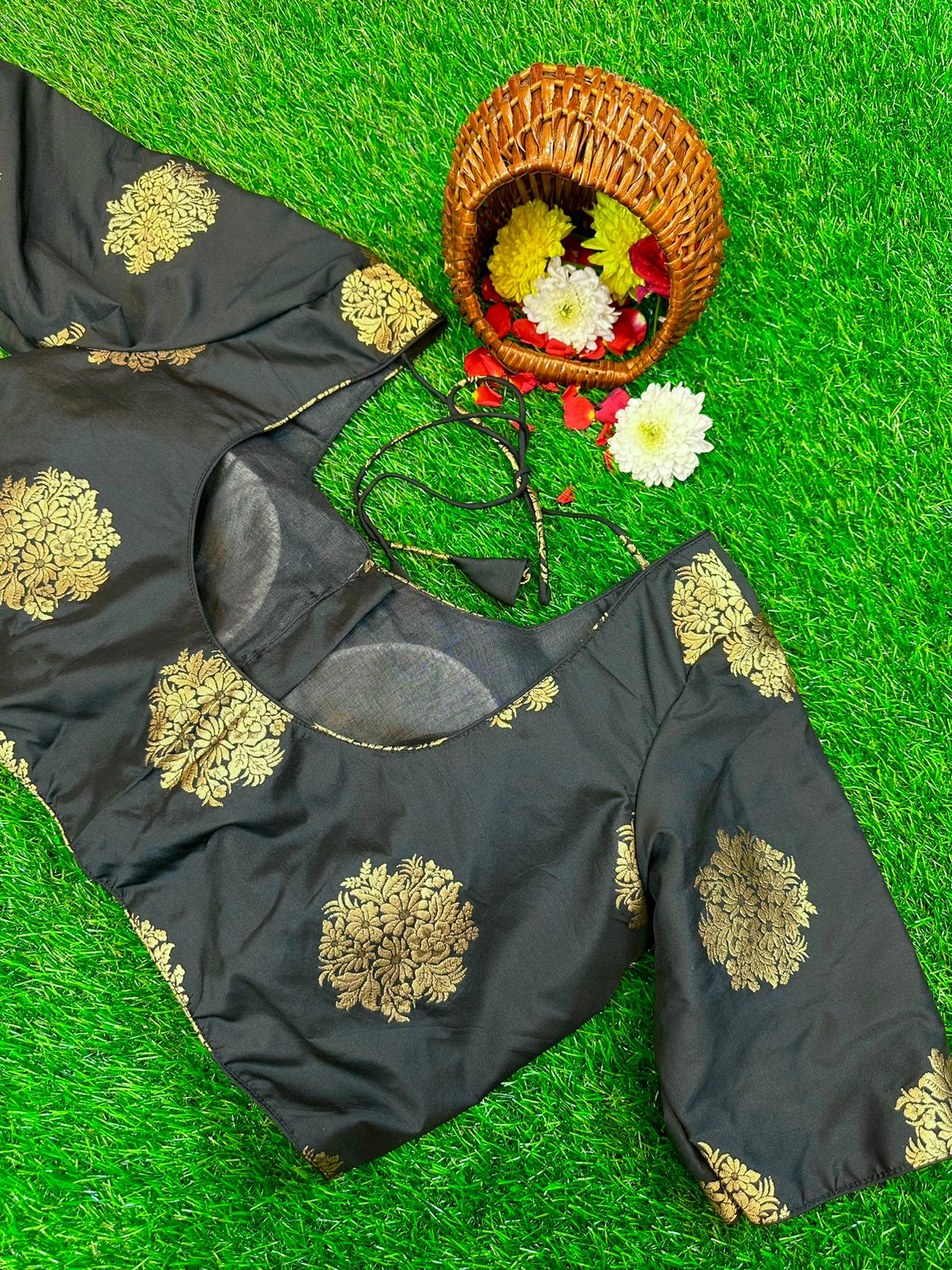 BLACK - READYMADE RAW SILK BLOUSE WITH GOLD ZARI WOVEN BUTTAS