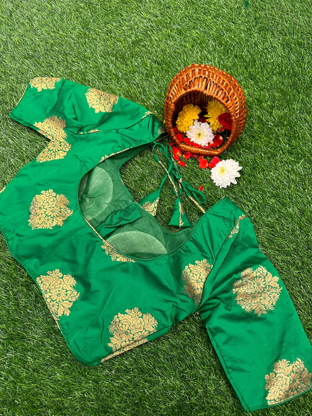 GREEN - READYMADE RAW SILK BLOUSE WITH GOLD ZARI WOVEN BUTTAS