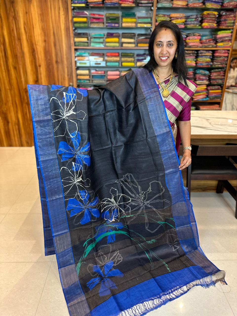 BLACK WITH BLUE - PURE TUSSAR SILK WITH DIGITAL PRINT