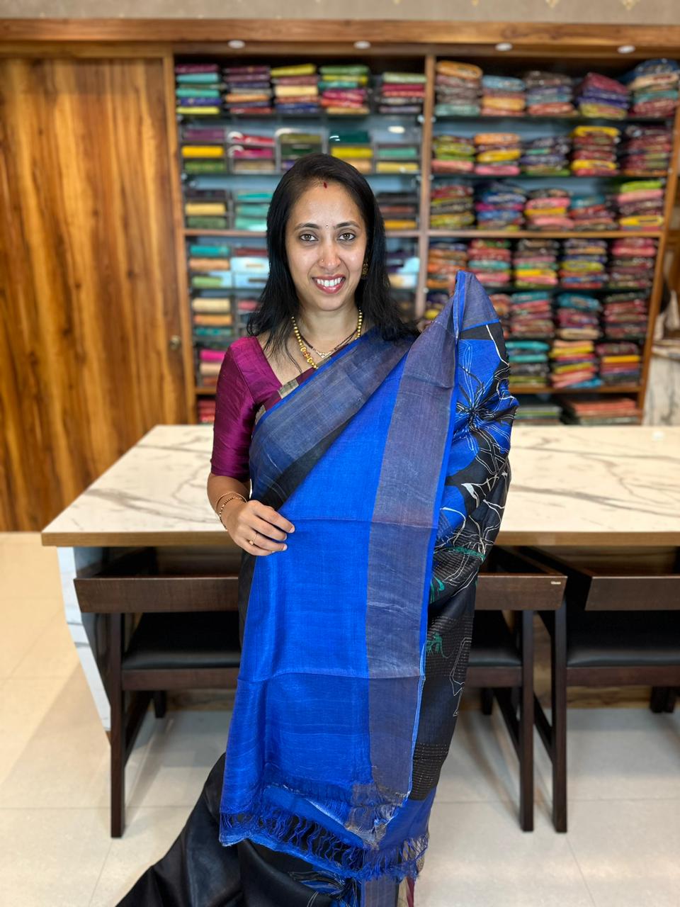 BLACK WITH BLUE - PURE TUSSAR SILK WITH DIGITAL PRINT