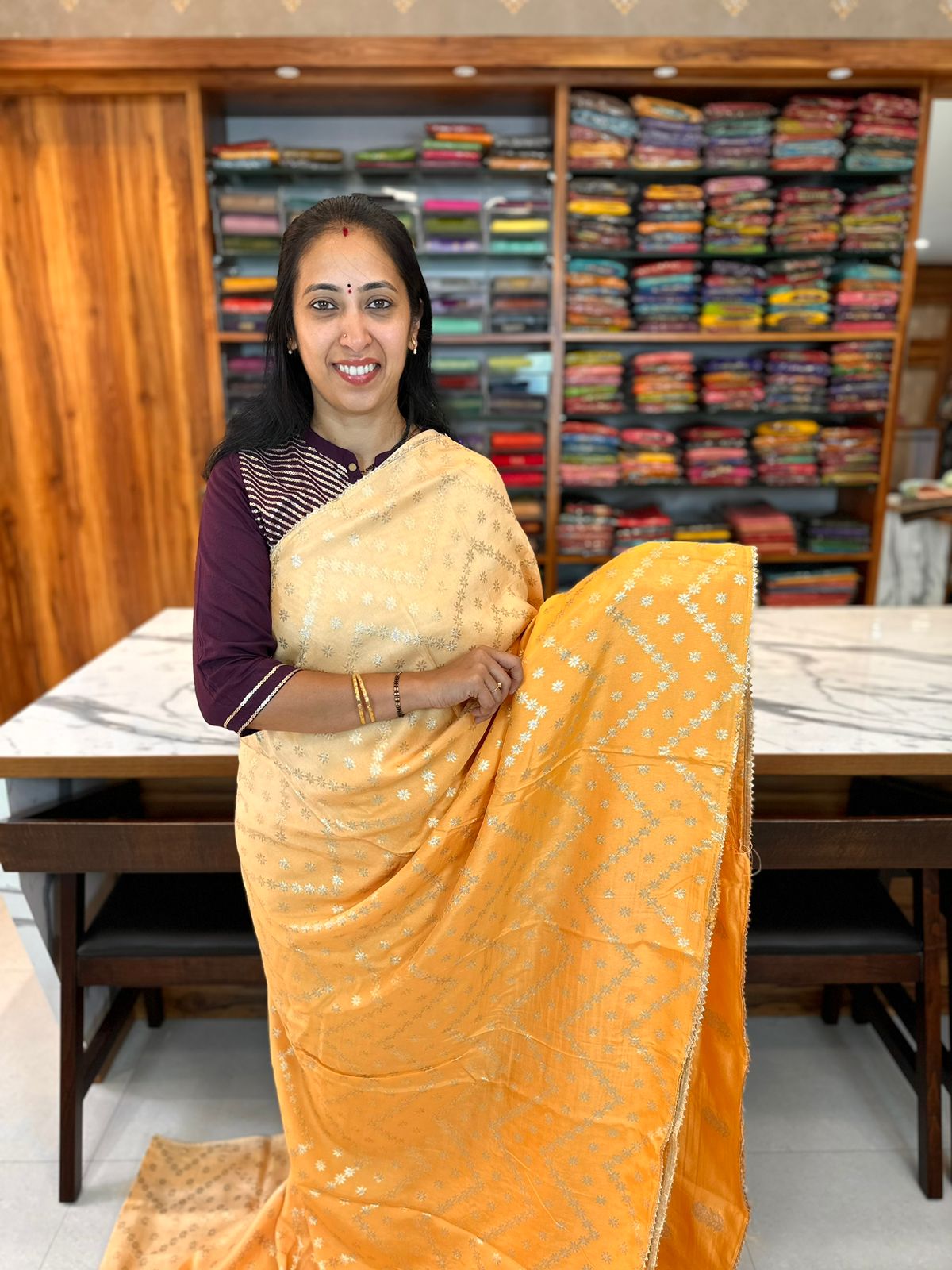 DUAL SHADE OF LIGHT ORANGE - RUSSIAN SILK ZARI WOVEN BUTTAS & SELF COLOURED BLOUSE