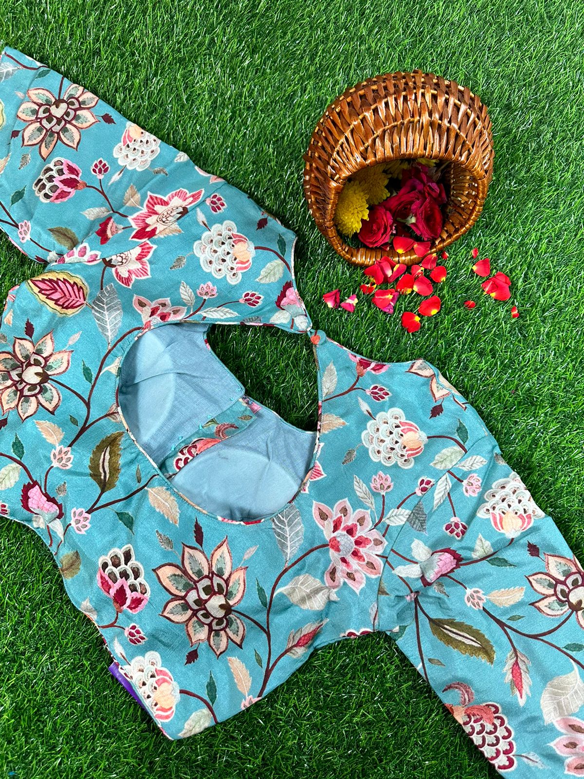 BLUE - READYMADE DOLA SILK WITH FLORAL PRINTS