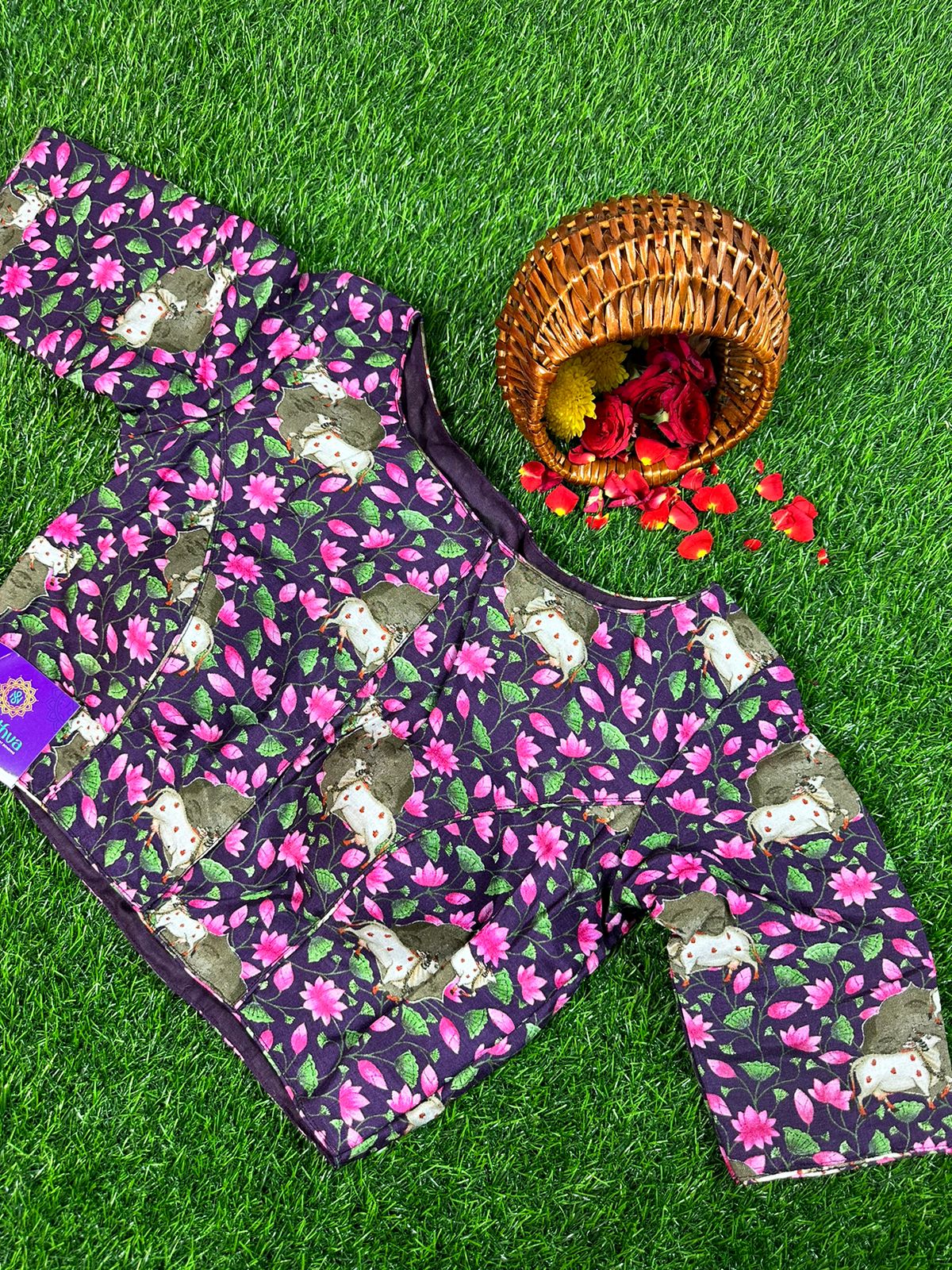 PURPLE - READYMADE DOLA SILK WITH HIGH NECK PICHWAI PRINTS